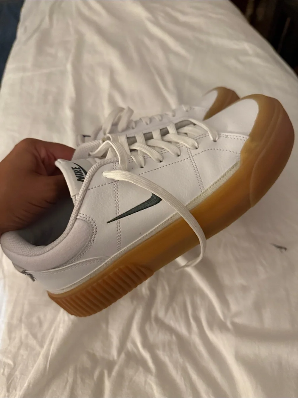 Nike Womens White Leather Court Legacy Sneakers with Green Swoosh and Gum Sole